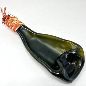 Slumped Melted Glass Wine Bottle w/ Raffia Spoon Rest Tray Trinket Dish